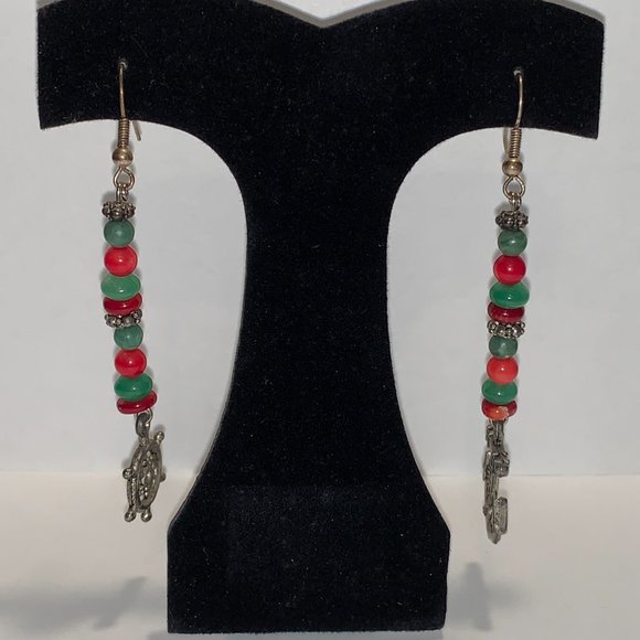 Red Coral and Aventurine Nautical Dangle Earrings - Picture 6 of 7